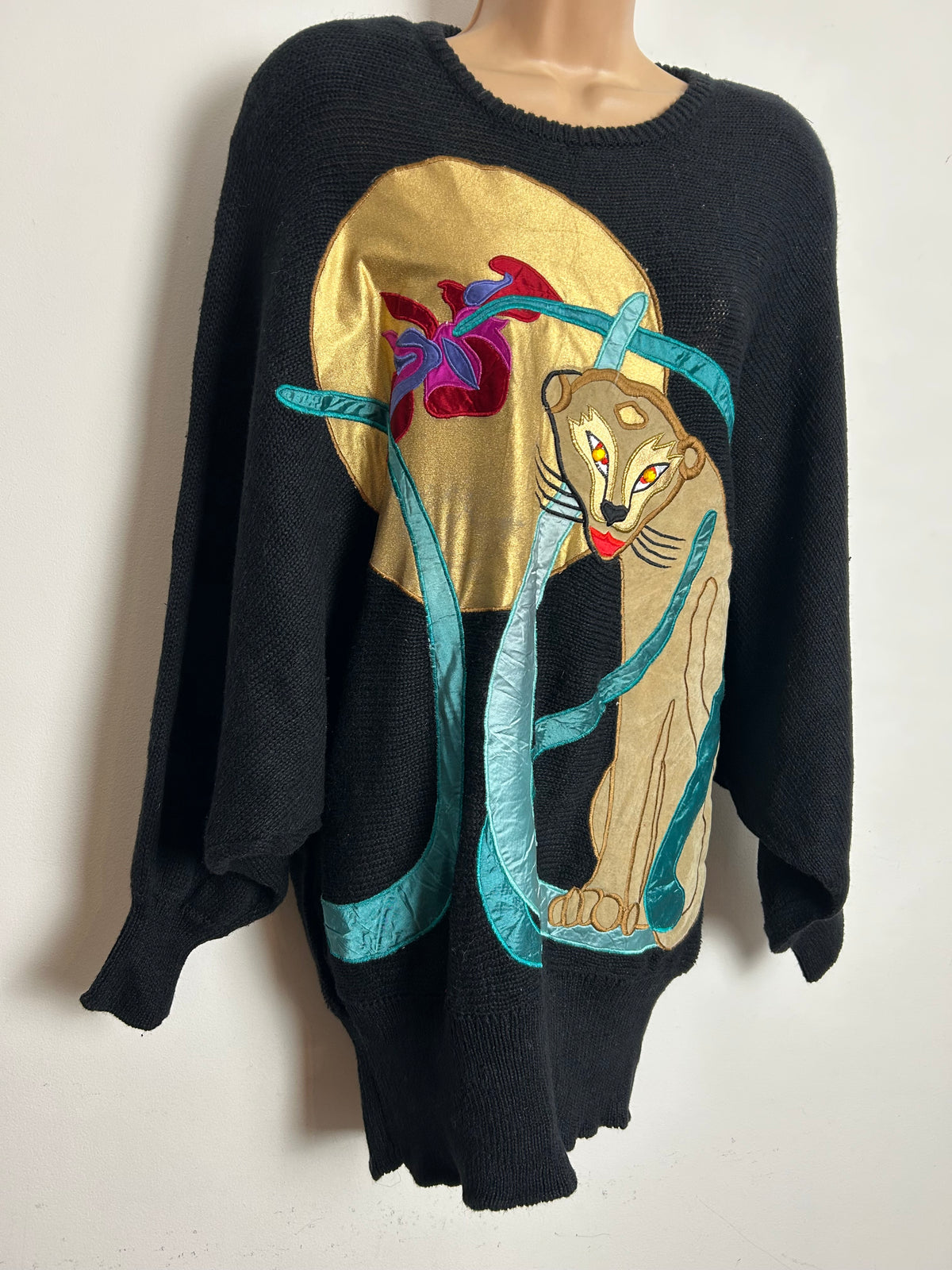 Vintage 1980s BONNIE BOERER PRET Size L (Up To 14/16) Black Large Applique Puma Bat Wing Jumper