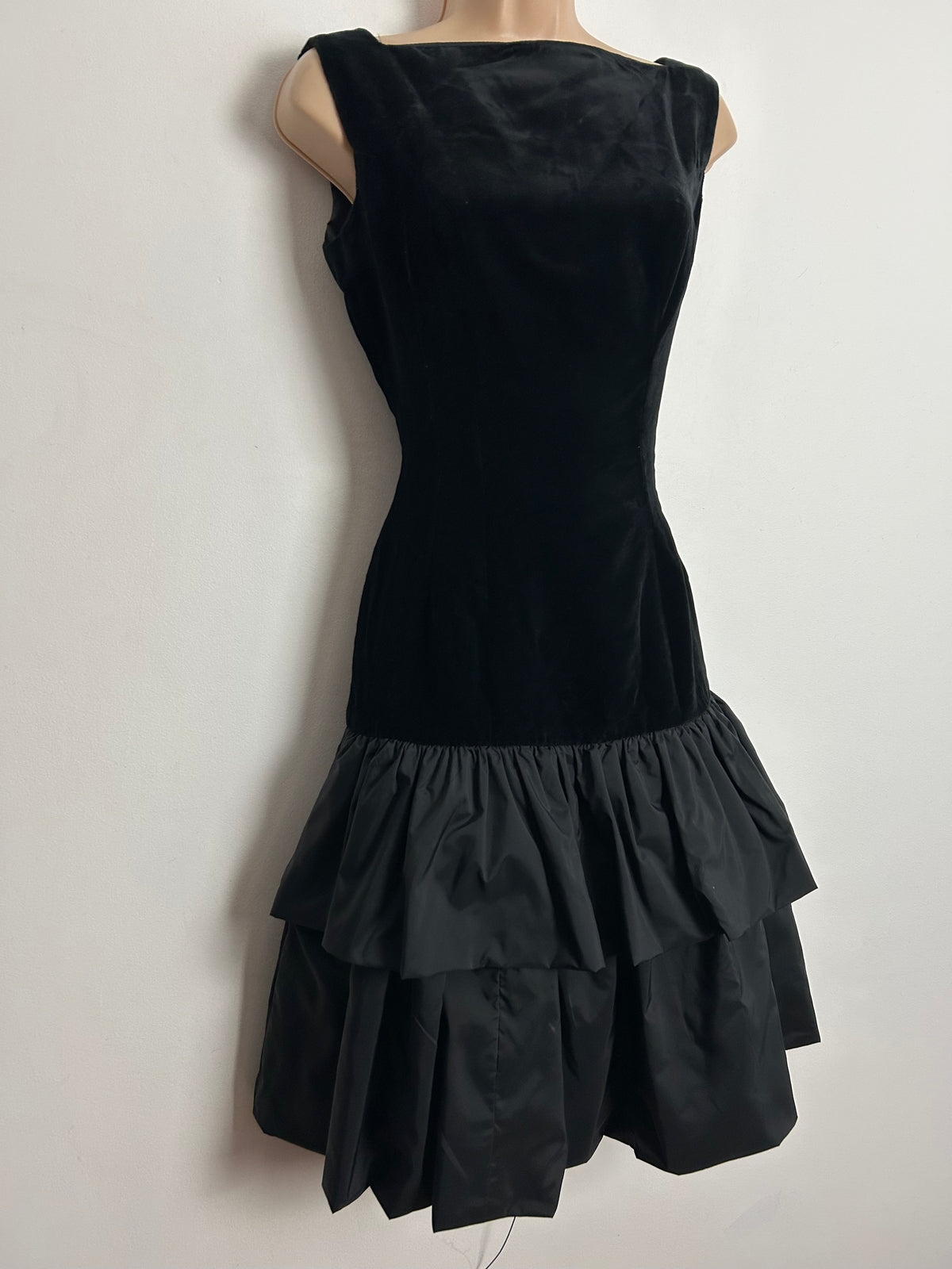 Vintage 1960's DEMI DRESS UK Size 8 Black Velvet & Acetate Bow Back Fitted Wiggle Party Dress