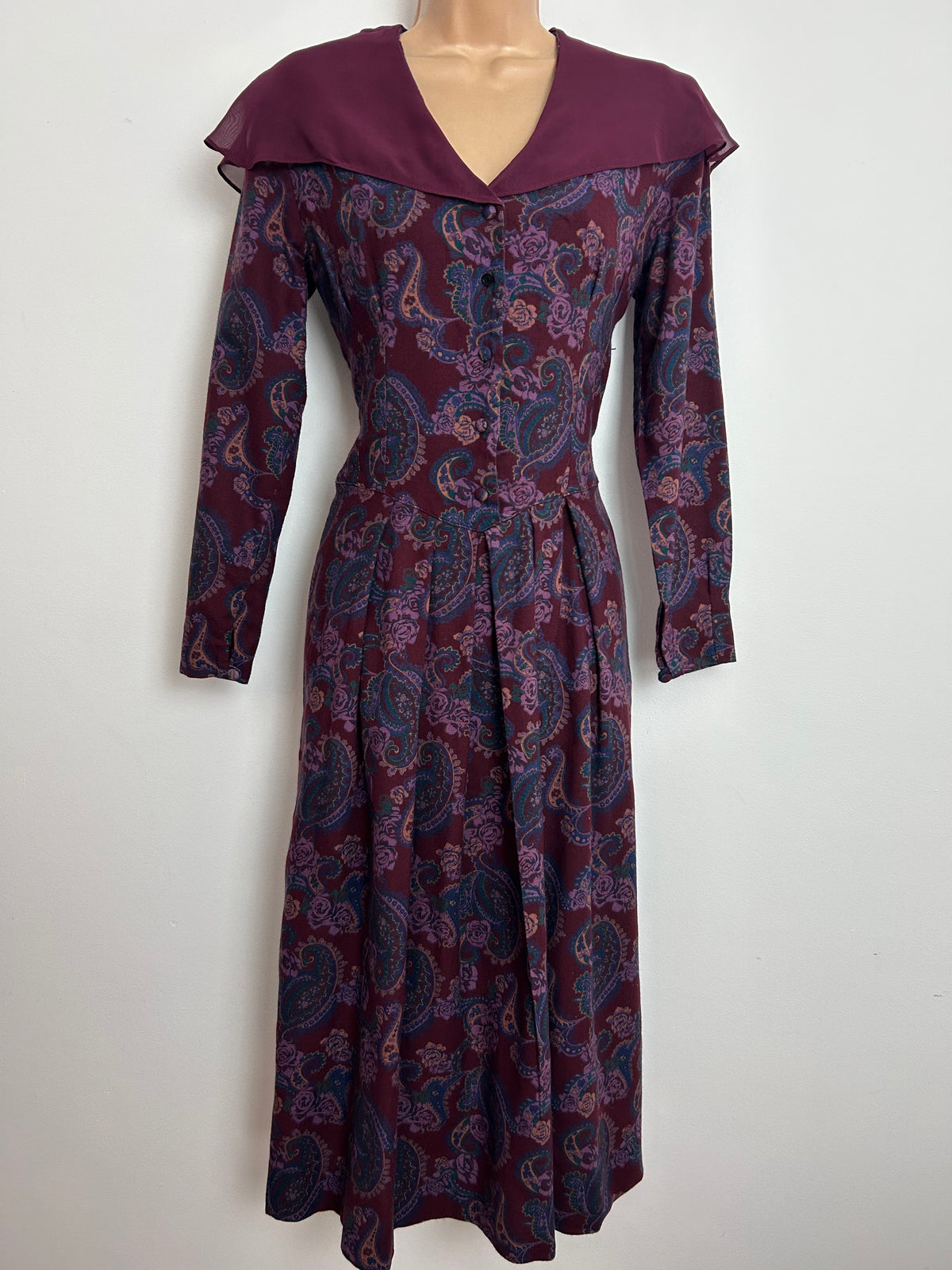 Vintage 1980s LAURA ASHLEY Size 8-10 Burgundy Paisley Wool Mix Chiffon Collared Midi Dress
