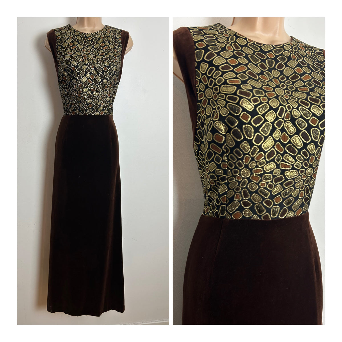 Vintage 1960s FREDERICK HOWARD Size 12 Brown & Gold Brocade & Velvet Evening Occasion Maxi Dress