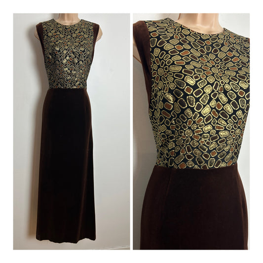 Vintage 1960s FREDERICK HOWARD Size 12 Brown & Gold Brocade & Velvet Evening Occasion Maxi Dress