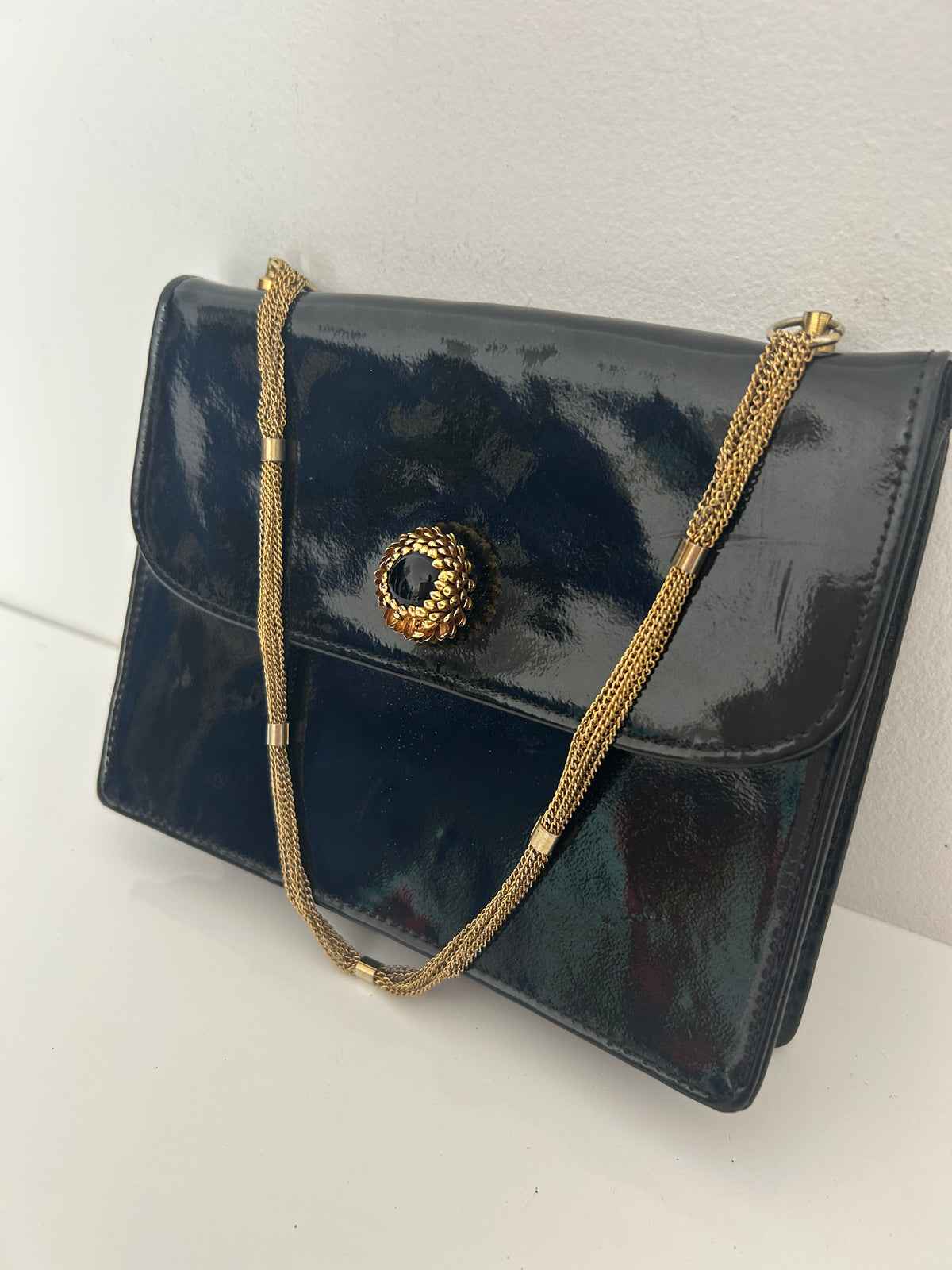 Vintage RARE Late 1960s UNUSUAL Black Patent Leather Chain Strap Handle With Screw Off Fastening