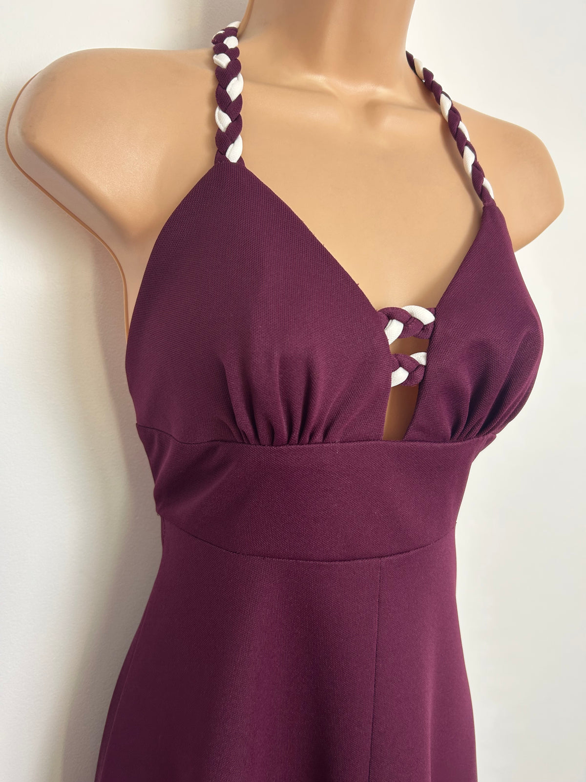 Vintage 1970s PEGGY PAGE Size 6-8 Plum Purple Plaited Strap Detail Maxi Dress