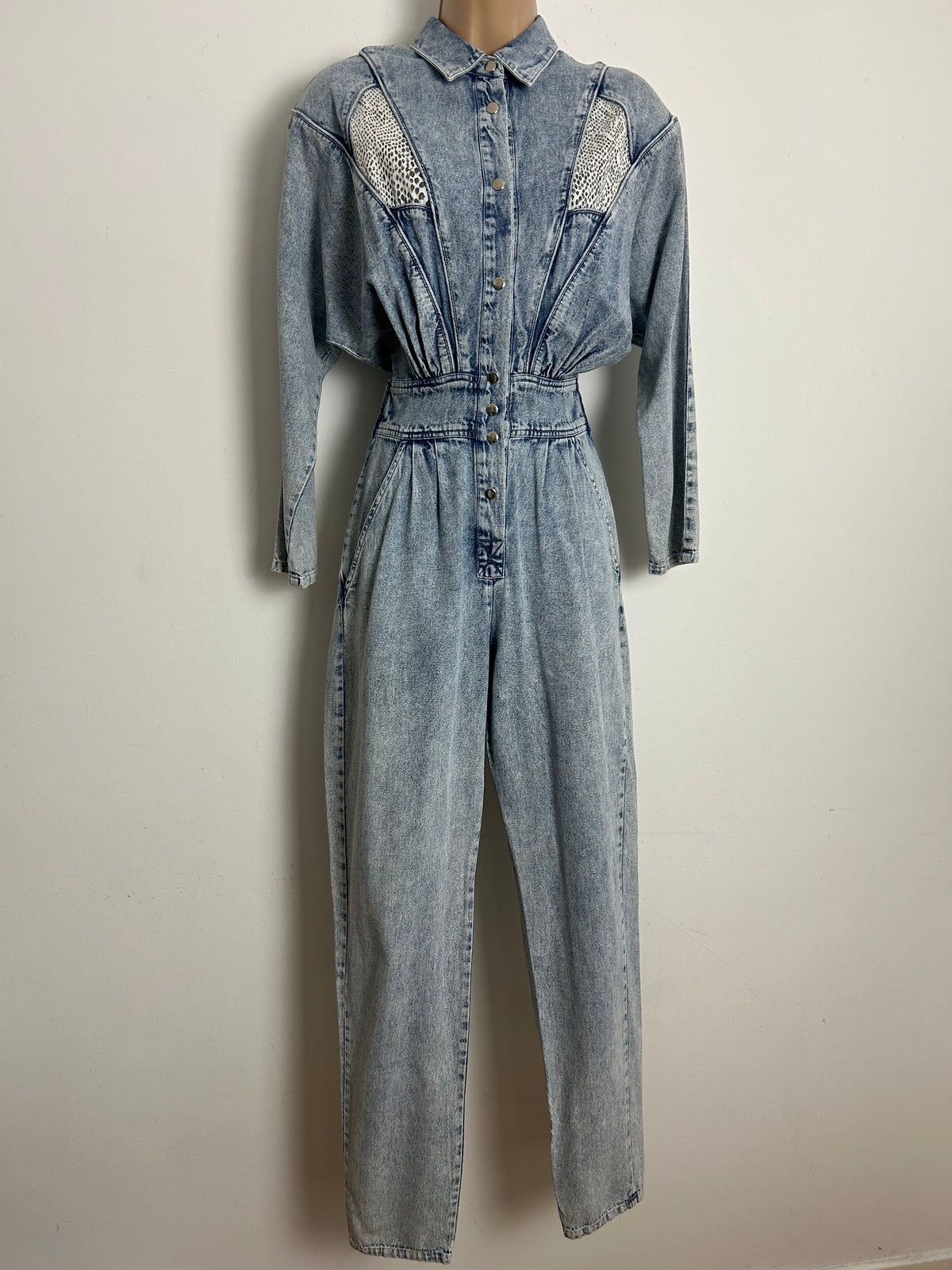 Vintage 1980s AVON FASHIONS Size 8-10 Acid Wash Denim & Snake Print Panels Tapered Leg Jumpsuit