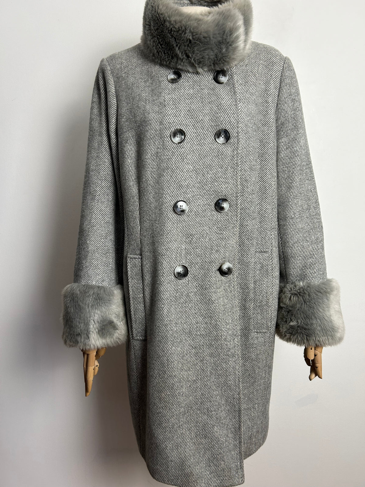 Gorgeous JACQUES VERT Size 14 Grey Wool Mix Faux Fur Trimmed Funnel Neck Double Breasted Coat