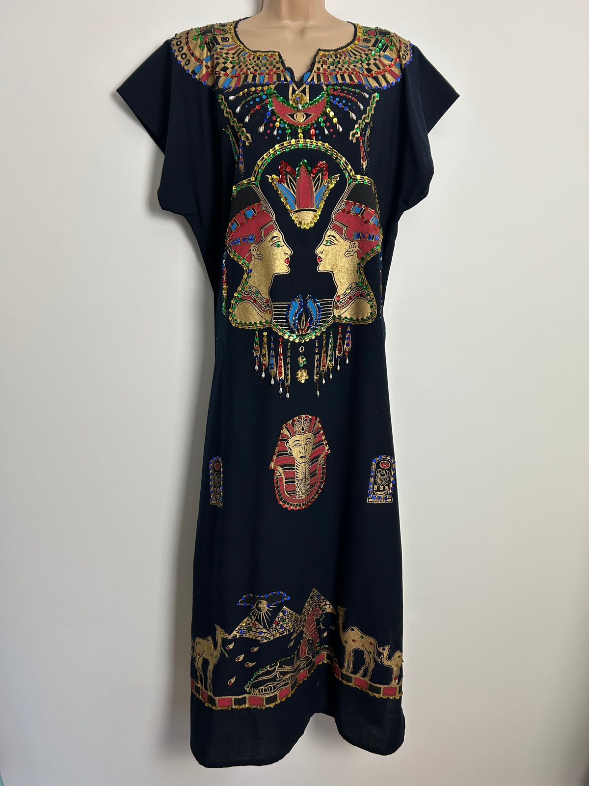 Vintage One Size Egyptian Themed Tourist Piece Beaded Sequin Sequin Bead Detail Maxi Length Kaftan