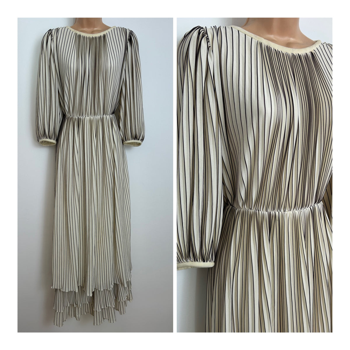 Vintage Late 1970s MARION RUSSELL Size 10 Cream & Brown Plisse Pleated Layered Occasion Maxi Dress