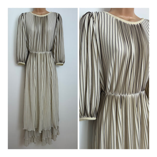 Vintage Late 1970s MARION RUSSELL Size 10 Cream & Brown Plisse Pleated Layered Occasion Maxi Dress