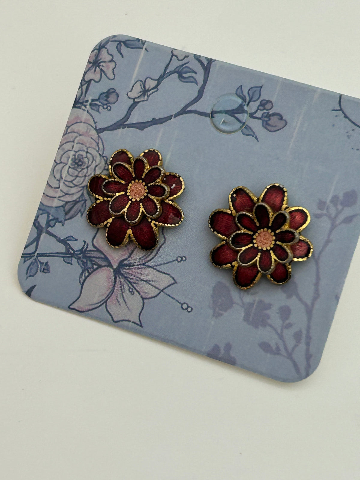 Vintage Gold Tone & Red Cloisonne Enamel Flower Earrings