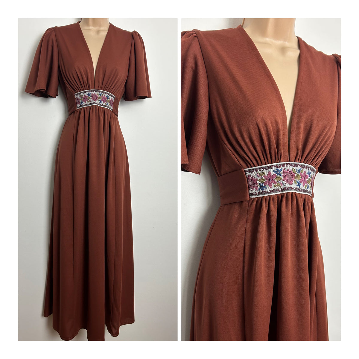 Vintage 1970s Size 8 Brown Flutter Sleeve Tapestry Waist Detail Flutter Sleeve Boho Maxi Dress