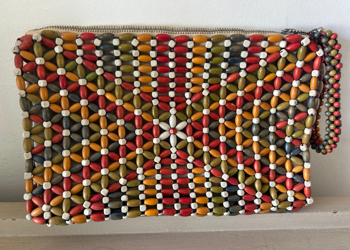 Vintage 1930s Art Deco Made In Czechoslovakia Multicolour Wooden Bead Bag With Wrist Strap