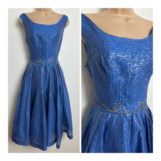 Vintage 1950s Size 8 Blue & Metallic Silver Thread Sequin Detailing Party Prom Occasion Dress
