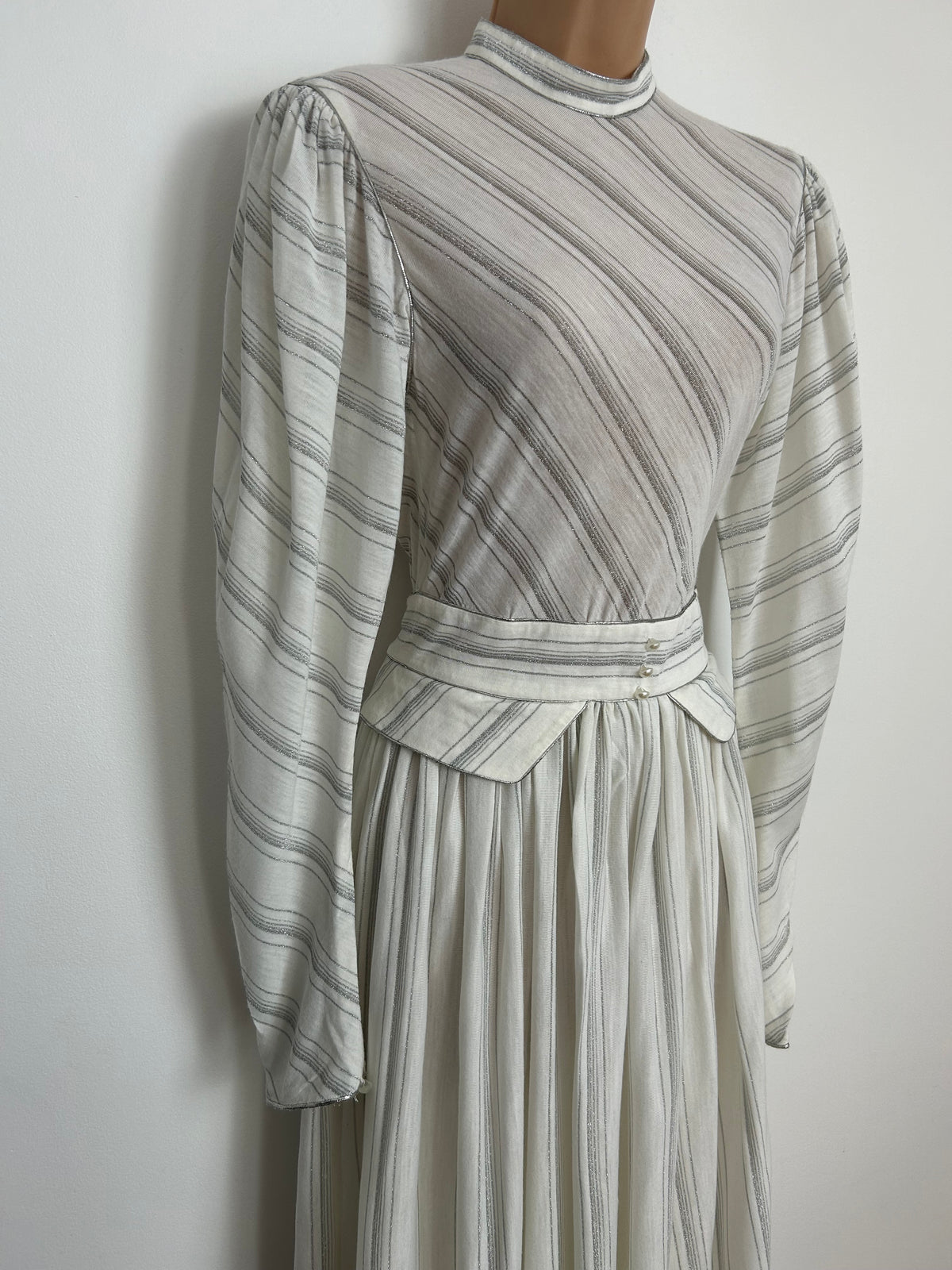 Vintage 1970s PRONUPTIA PARIS Size 6 White & Metallic Silver Stripe Peplum Long Sleeve Maxi Dress