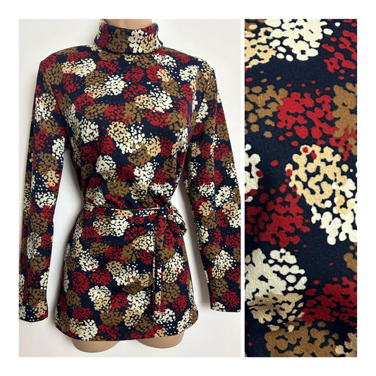 Vintage 1970s DELDEN Size 12-14 Navy Blue Red Fawn & White Floral Belted Long Sleeve Turtle Neck Top