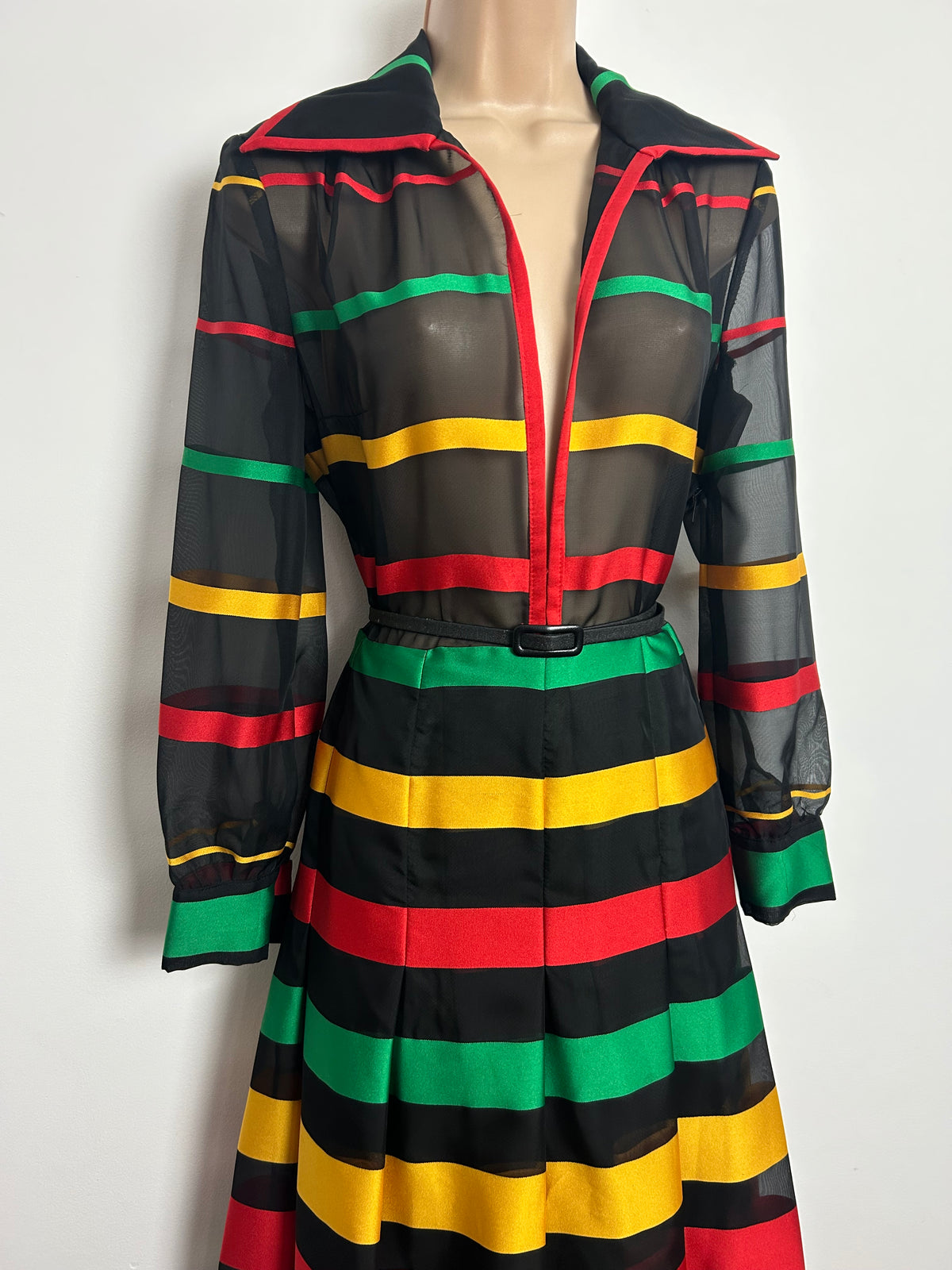 Vintage 1970s CARRE Size 12 Black Red Yellow & Green Stripe Wide Collared Pleated Maxi Dress
