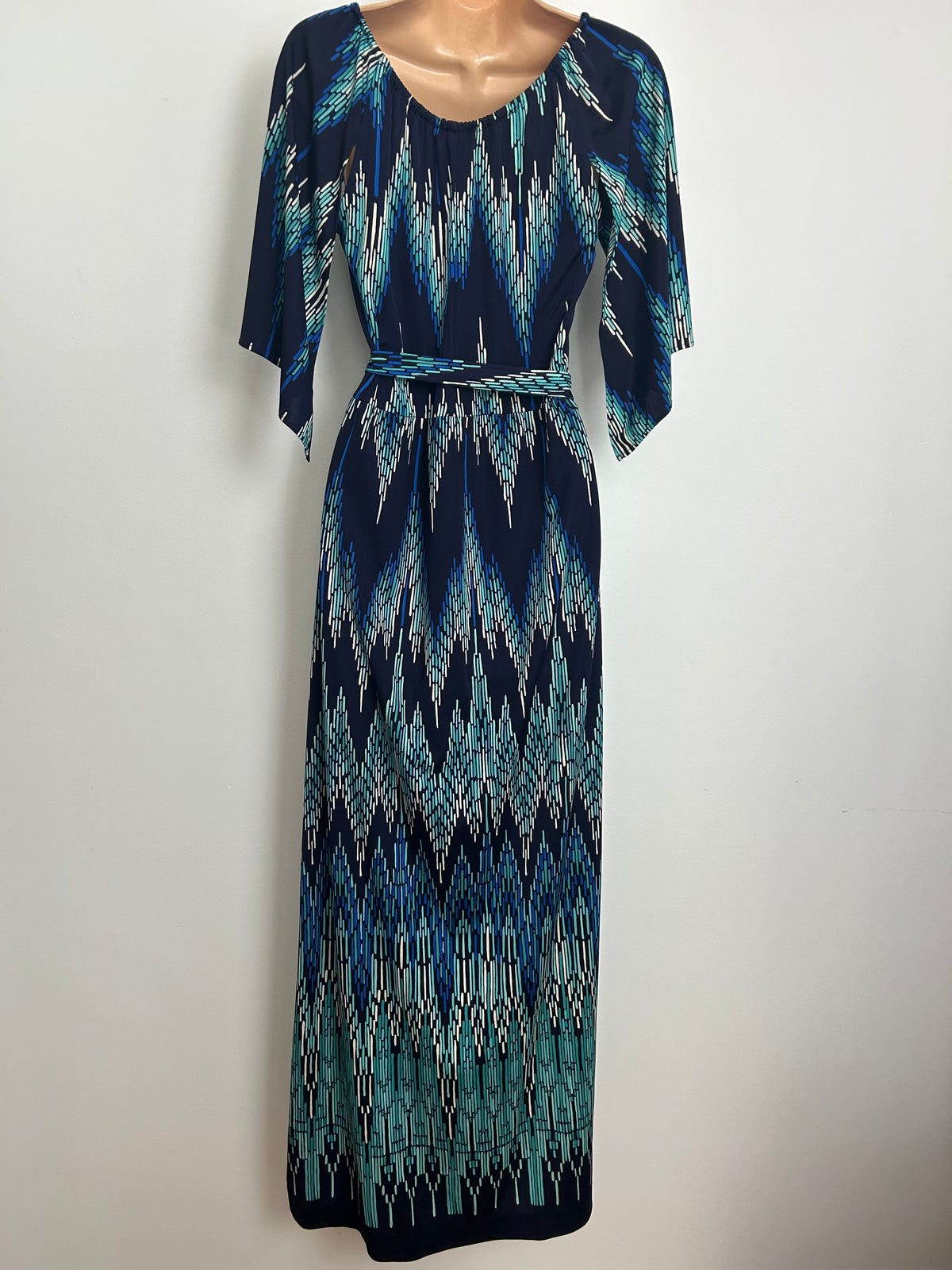 Vintage 1970s BILYTIS PARIS Size 8 Navy Turquoise & White Dash Stripe Print Mid Sleeve Maxi Dress
