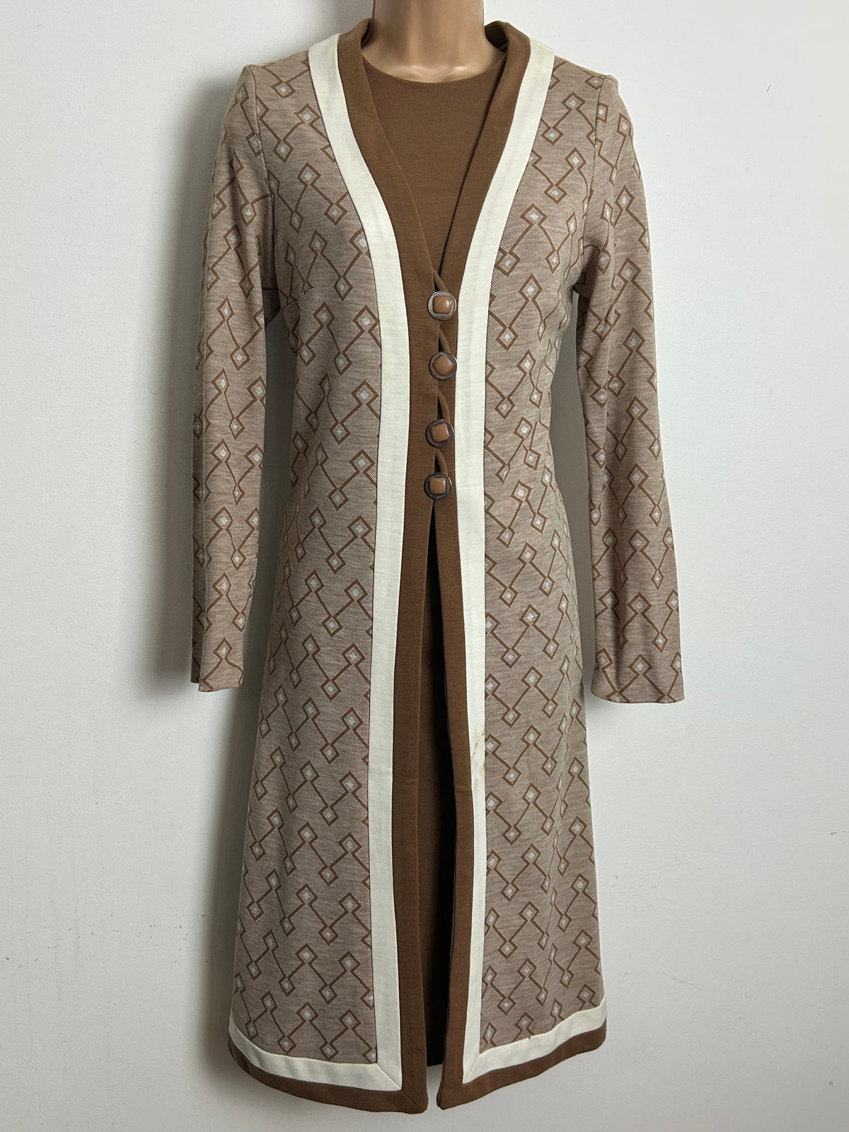 Vintage 1960s Size 10 Camel Brown Mod Dress & Matching Jacket Two Piece Suit