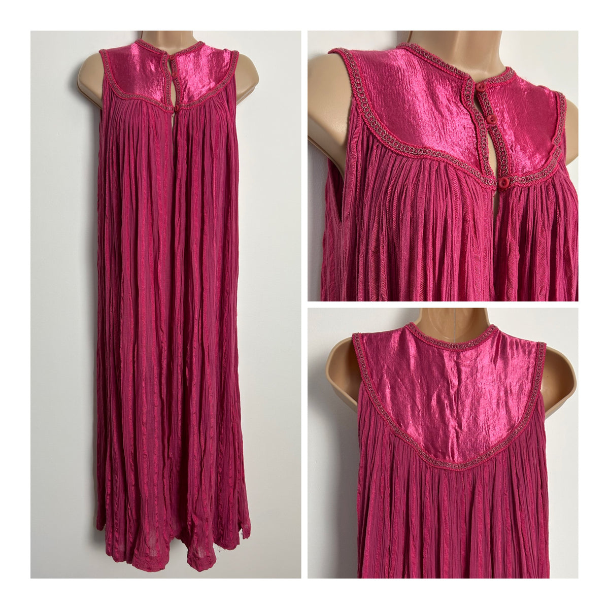 Vintage Early 1980s C&A UK Size 10 Pink Cotton Mix Cheesecloth Satin Panelled Boho Trapeze Style Midi Dress