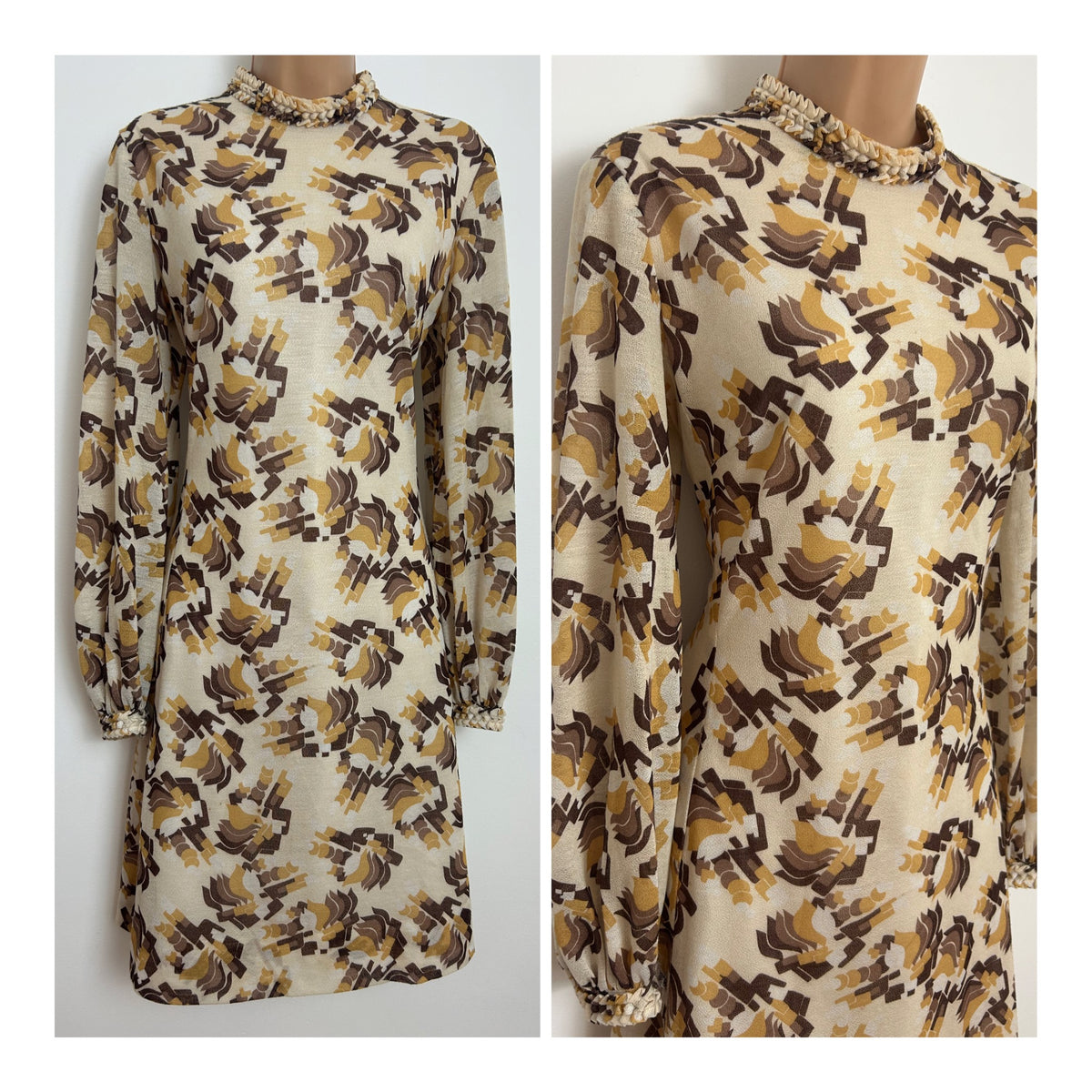 Vintage 1960s Size 12-14 Cream Brown & Mustard Abstract Print Long Sleeve Mod Shift Dress