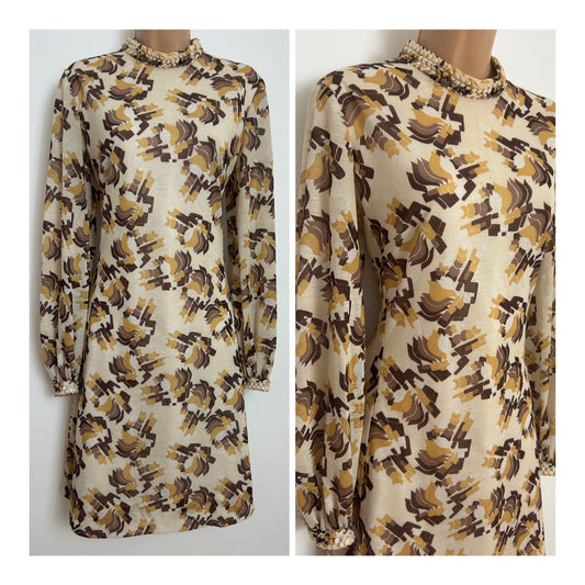 Vintage 1960s Size 12-14 Cream Brown & Mustard Abstract Print Long Sleeve Mod Shift Dress