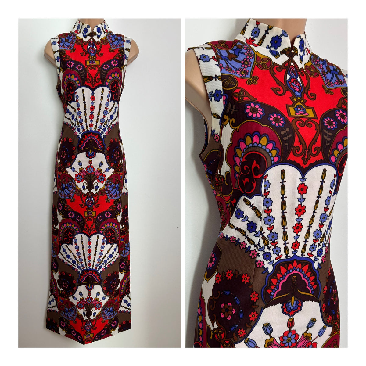 Vintage 1970s 8 Stunning Red White Brown & Blue Nouveau Inspired Print Sleeveless Column Maxi Dress