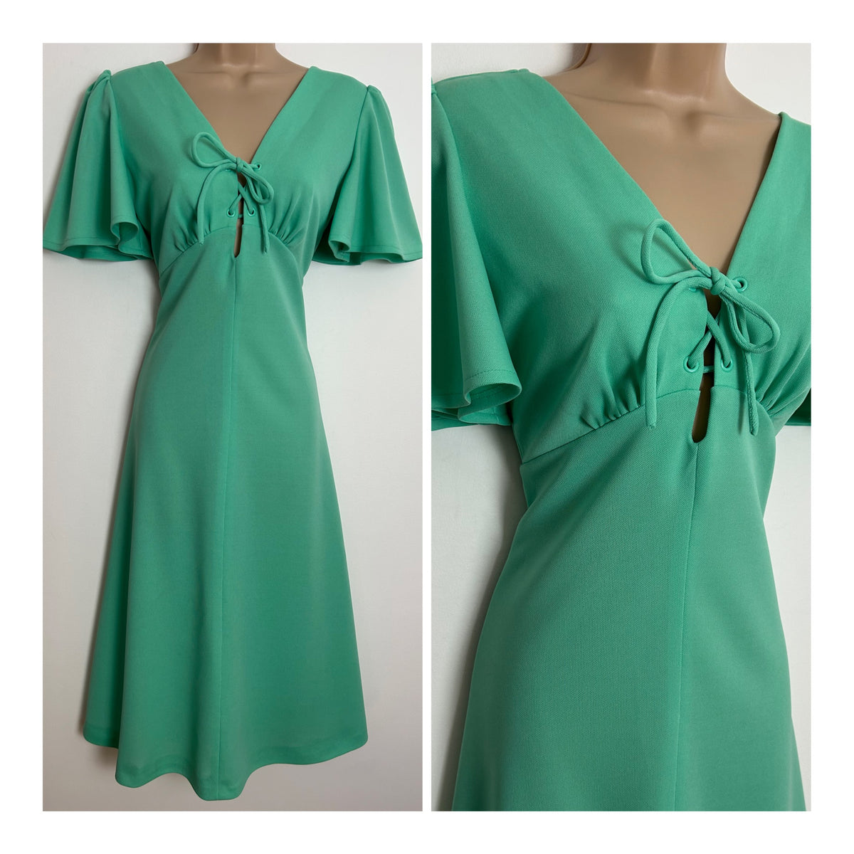 Vintage 1970s Size 8 Mint Green lace Up Bodice Flutter Sleeve Fit & Flare Dress