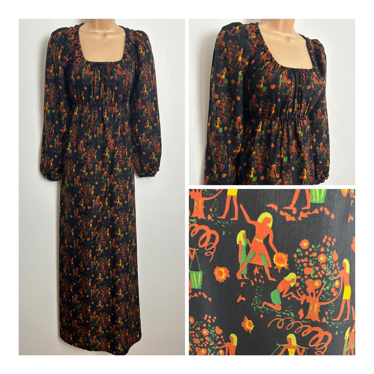 Vintage 1970s JONATHAN E OF LONDON Size 6-8 Black Brown & Mustard Yellow Egyptian Theme Novelty Print Maxi Dress