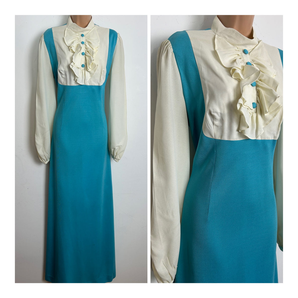 Vintage Late 1960s Size 14 Turquoise & Cream Ruffle Bib Long Sleeve Maxi Dress