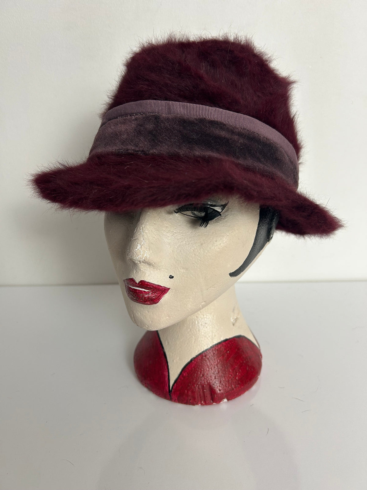 Vintage Purple Angora Mix Velvet Ribbon Trim Button Detail Trilby Style Hat