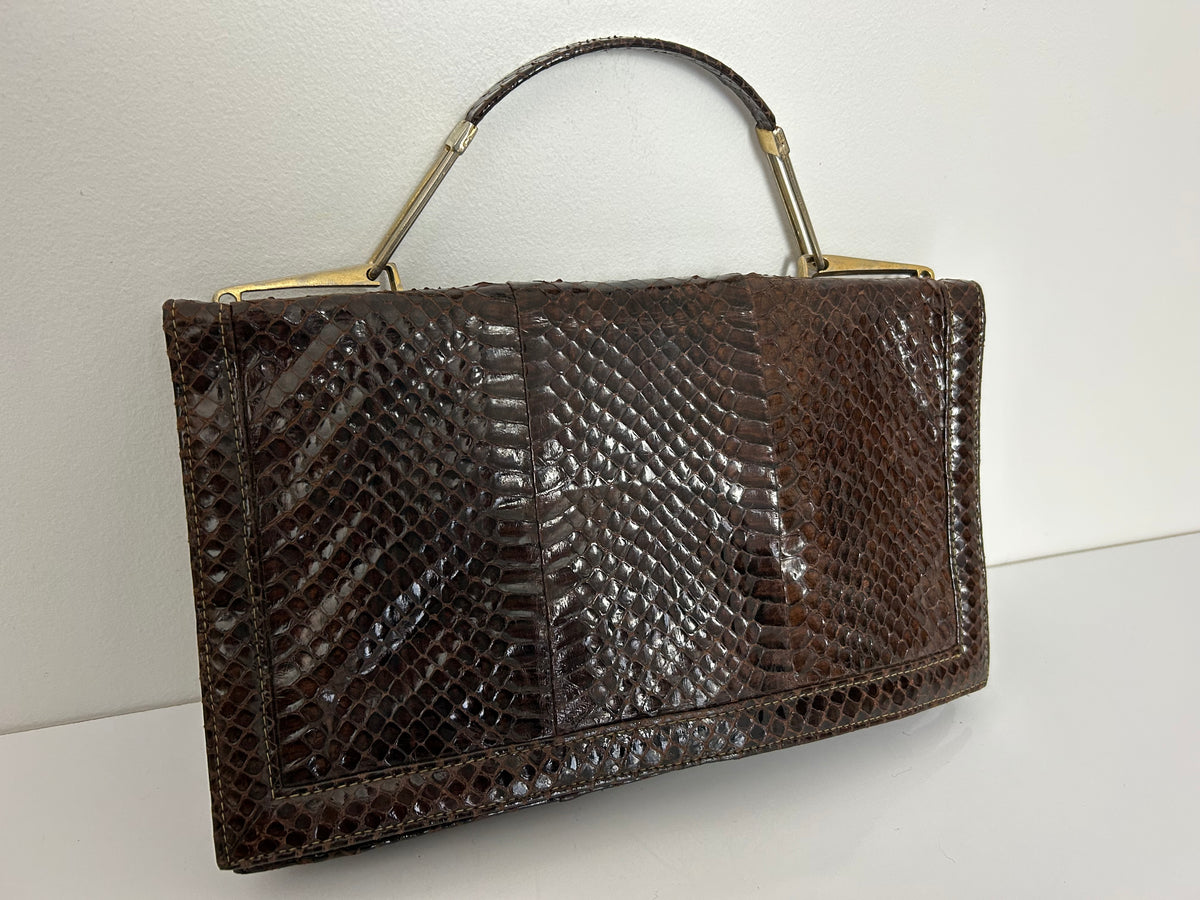 Vintage 1970s Italian Brown Reptile Leather Handbag With Removable Shoulder Strap