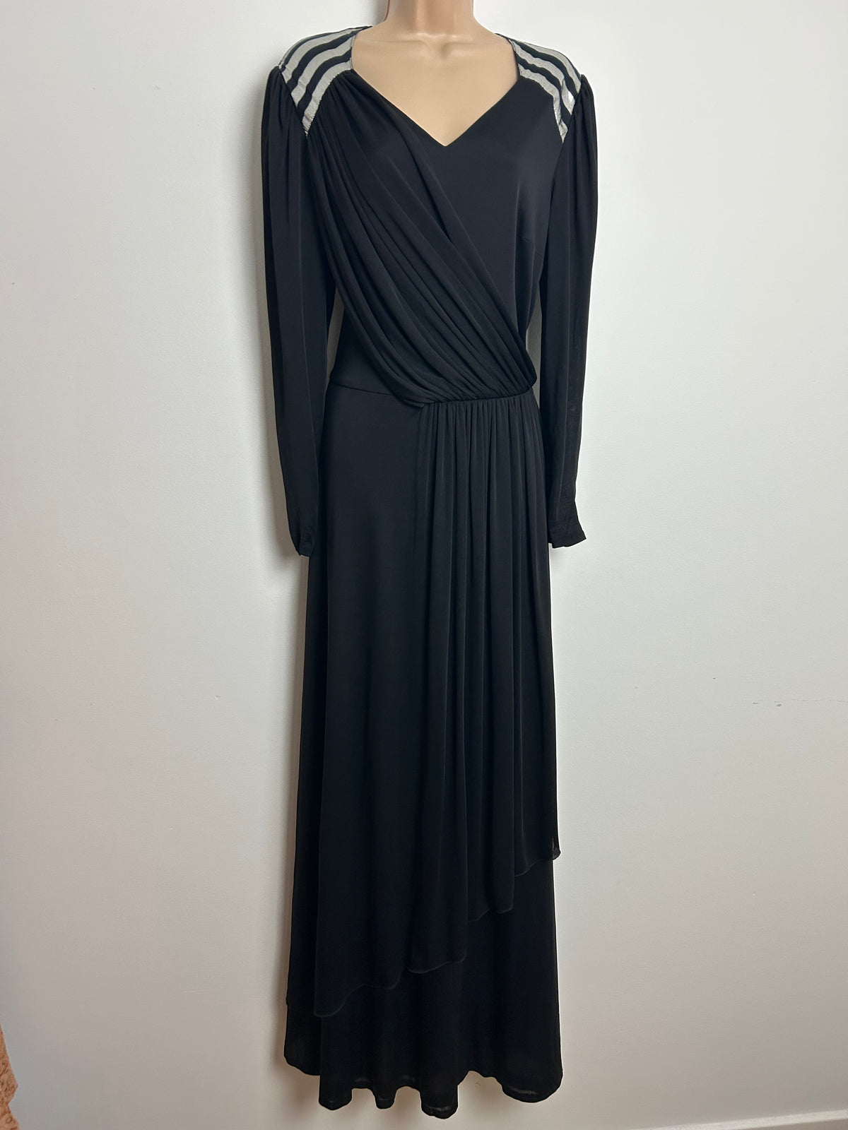Vintage 1970s VERA MONT PARIS Size 12-14 Black & Silver Stripe Detail Mock Wrap Occasion Evening Maxi Dress