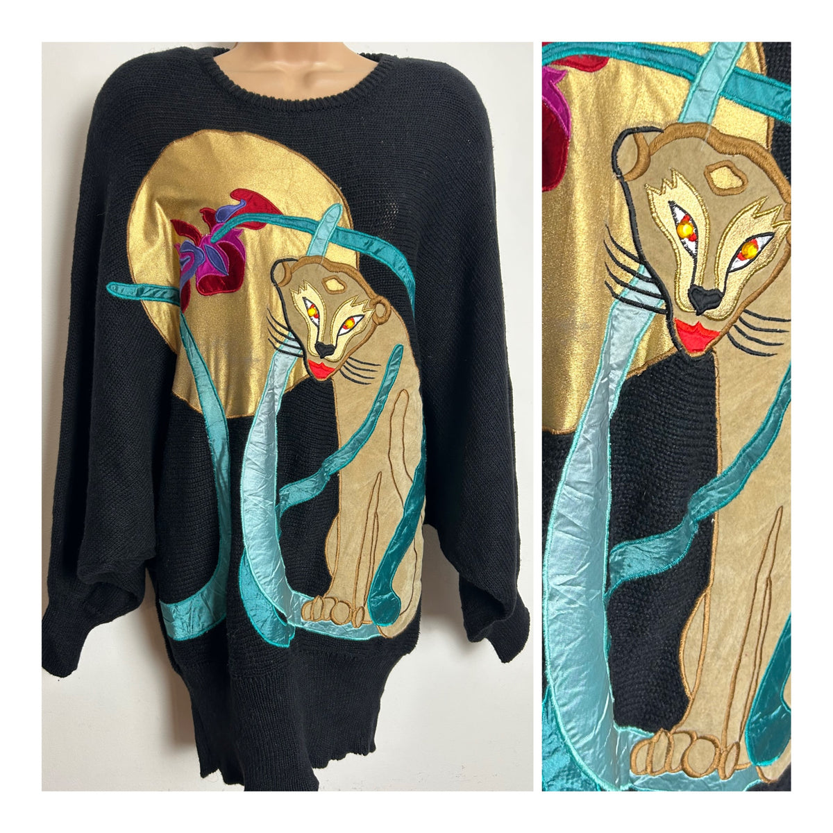 Vintage 1980s BONNIE BOERER PRET Size L (Up To 14/16) Black Large Applique Puma Bat Wing Jumper