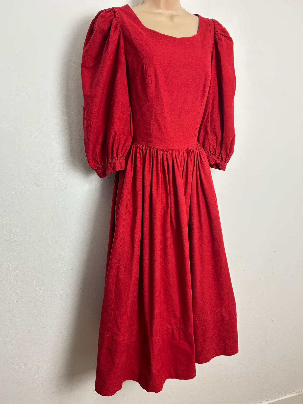Vintage 1980s LAURA ASHLEY Size 10 (Size 12 On Label) Red Cross Over Back Puff Sleeve Midi Dress