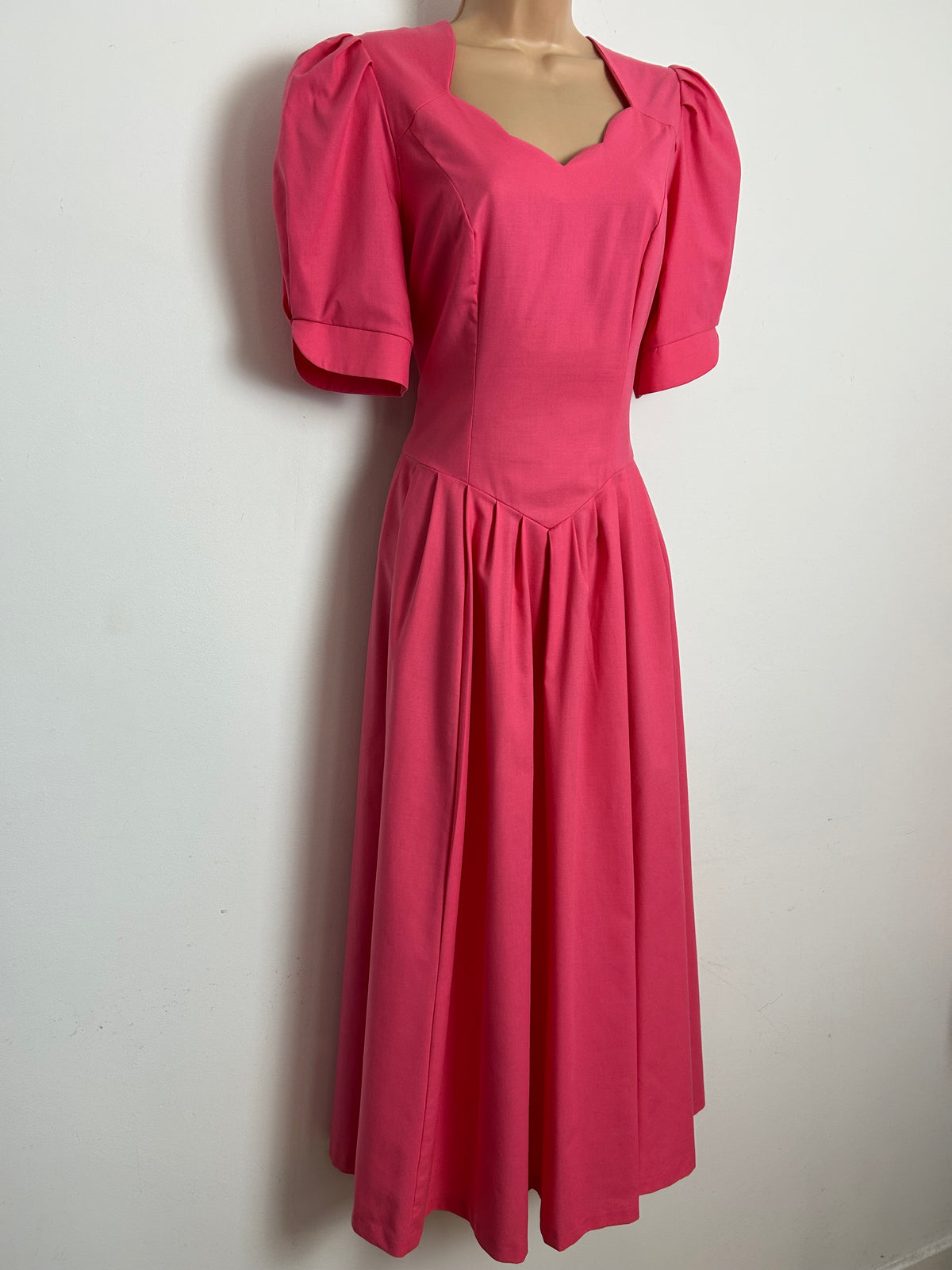 Vintage 1980s LAURA ASHLEY Size 10/12 (Size 14 On Label) Candy Pink 100% Cotton Scallop Neck Midi Dress