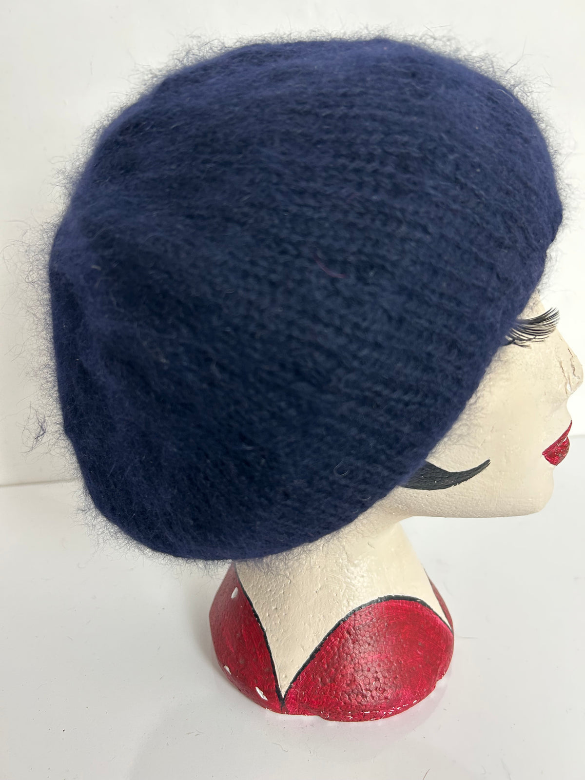 Vintage Navy Blue Angora Mix Chunky Knit Beret/Beanie Style Hat
