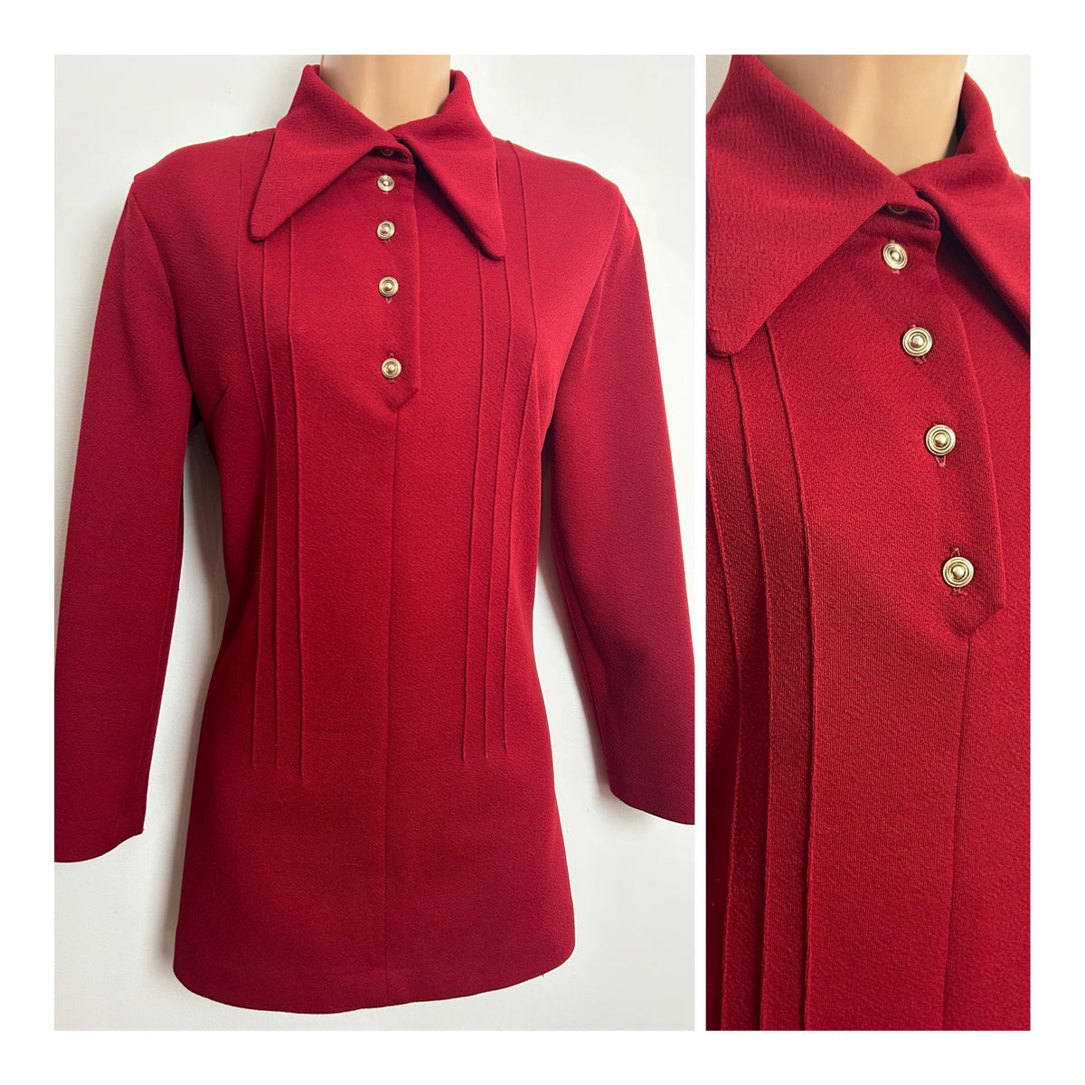 Vintage 1960s Size 10-12 Dark Red Dagger Collar Pintuck Pleat Detail Micro Mini Shift Dress