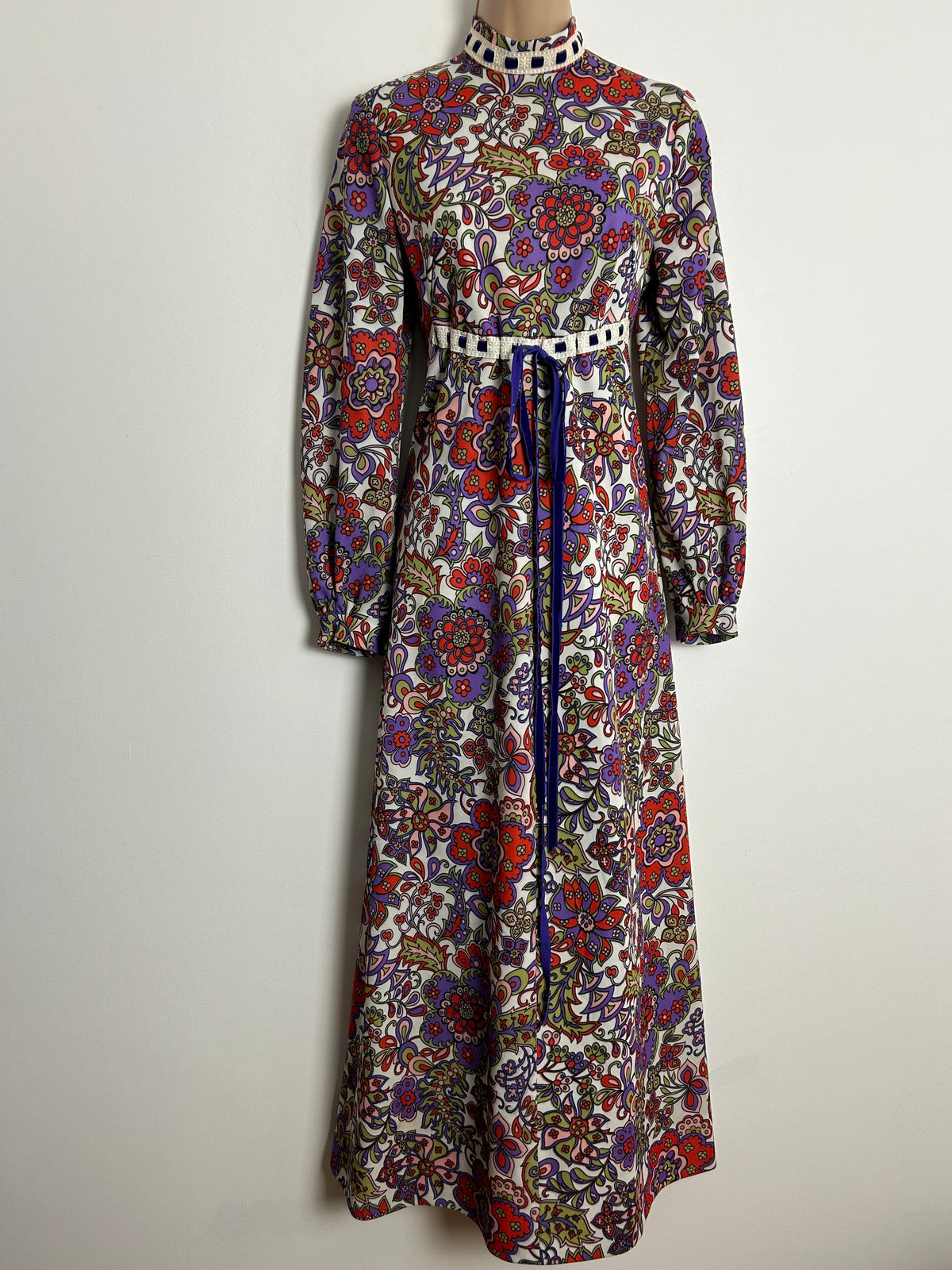 Vintage 1970s Homemade UK Size 12 White Purple Red Green Floral Print Long Sleeve Tie Waist Boho Maxi Dress