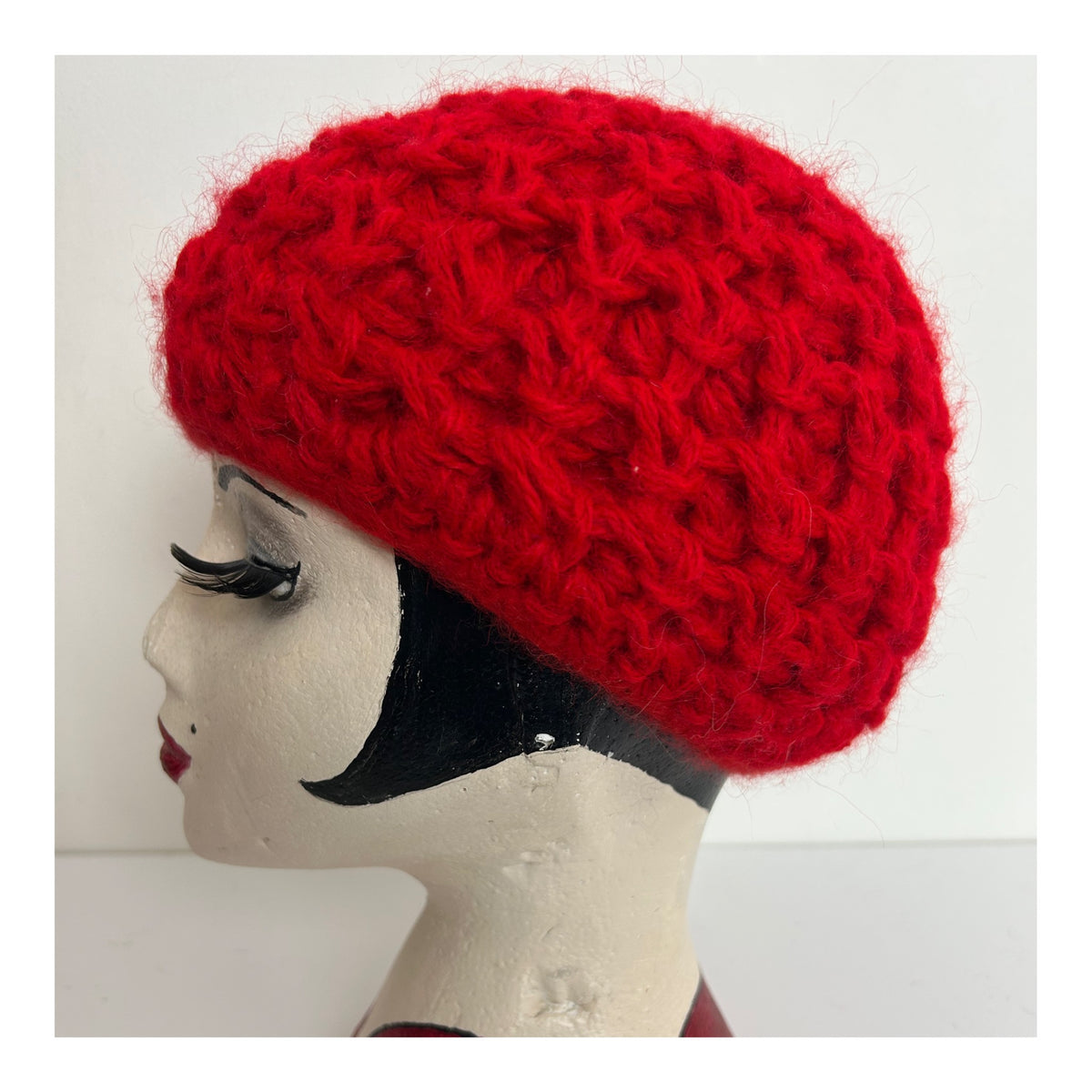 Vintage Red Wool & Angora Chunk Open Stitch Reversible Beanie Beret Style Hat
