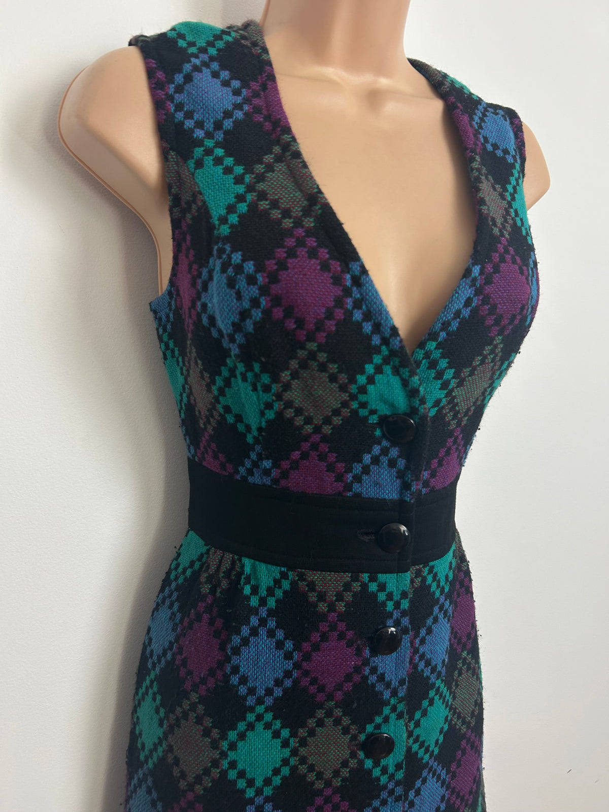 Vintage Late 1960s WINDSMOOR Size 10 Black Blue & Purple Diamond Check Button Through Woven Day Dress