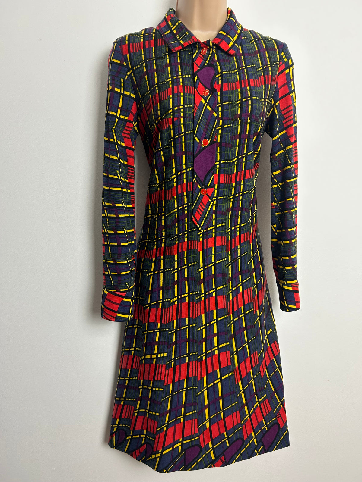 Vintage 1970s Size 10 Dark Blue Purple Red & Yellow Check Print Jersey Mod Shift Dress