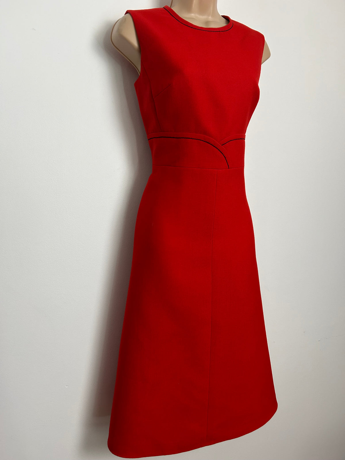 Vintage 1960s Size 8-10 Red Black Stitch Detail New Wool Mod Dress