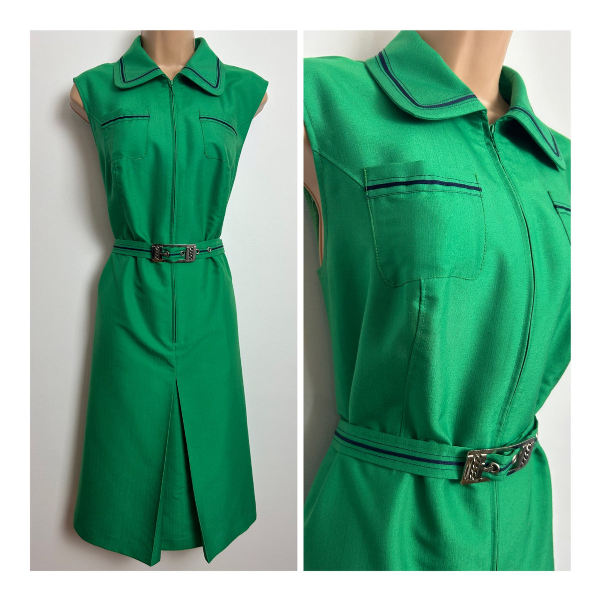 Vintage 1970s Size 14-16 Green & Black Braid Trim Pocket Detail Belted Mod Dress