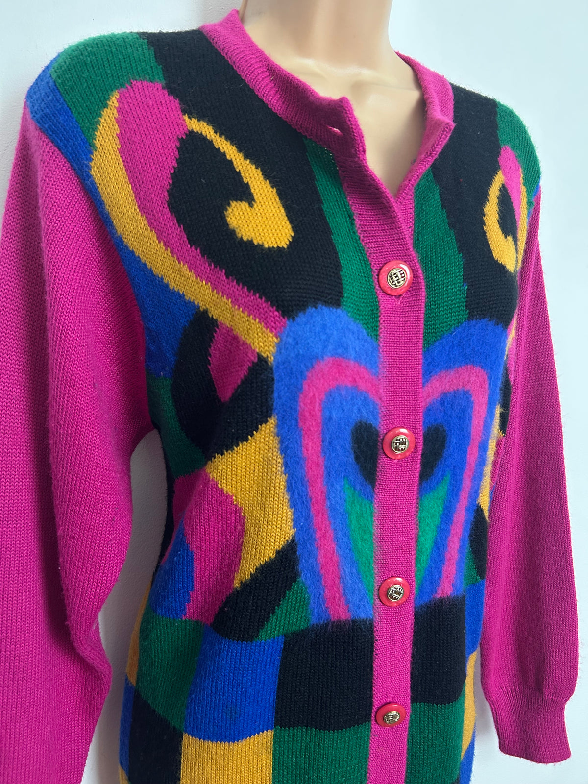 Vintage 1980s Up To Size 12 Pink Mustard Blue Green & Black Abstract Print Wool Mix Cardigan