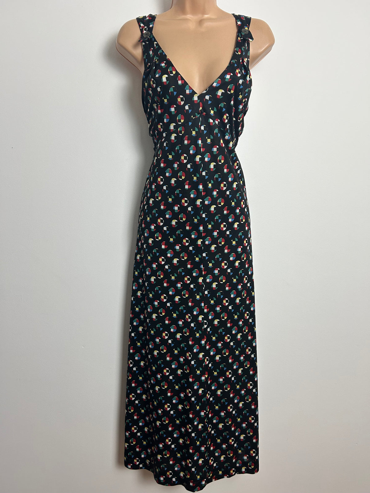 Vintage Late 1980s Early 1990s KL By KARL LAGERFELD Size 12 Black Geometric Print Cross Strap Maxi Dress