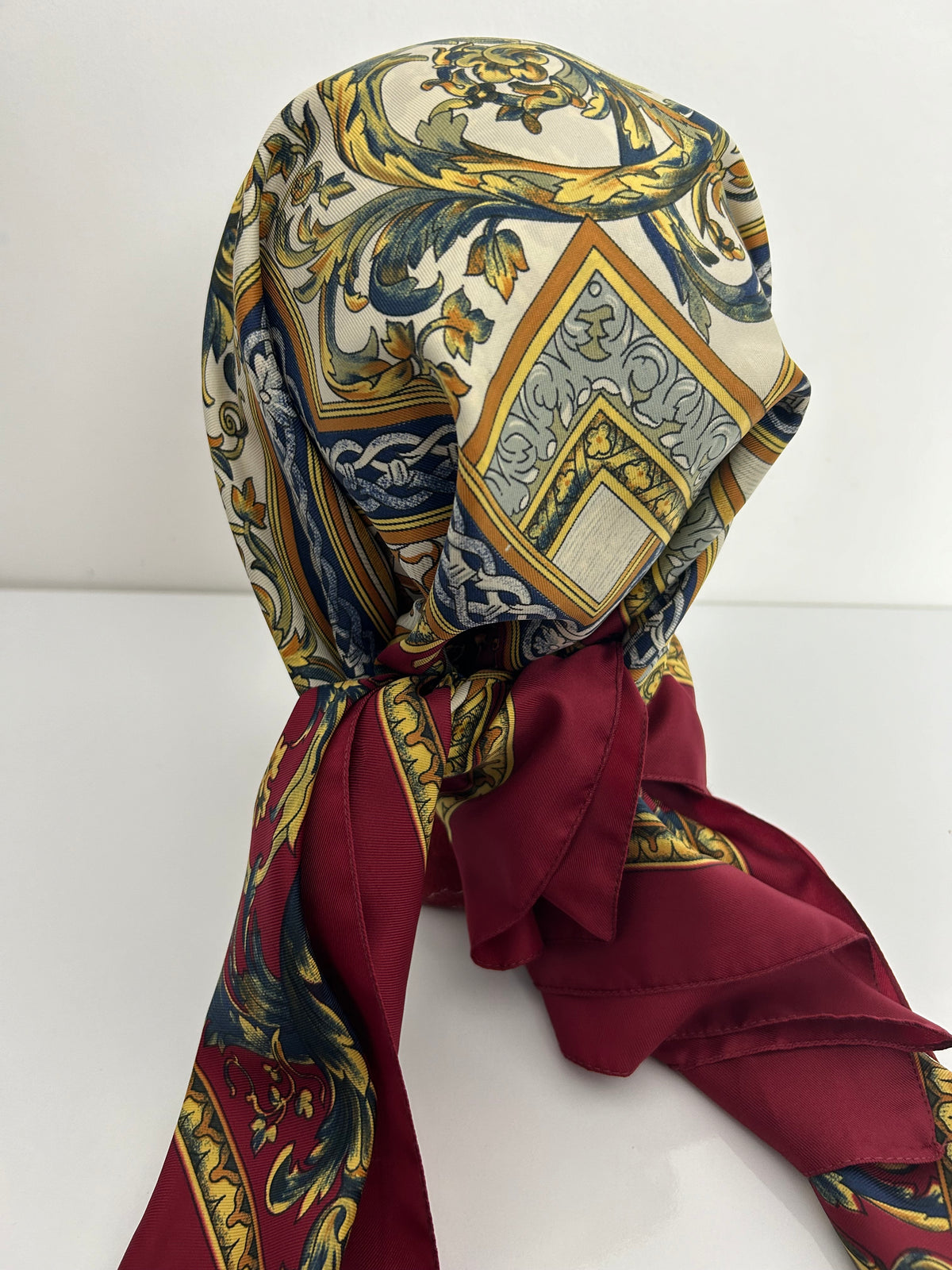 Vintage Italian MILANA Dark Red Nouveau Baroque Print Large Polyester Scarf 87cm x 87cm