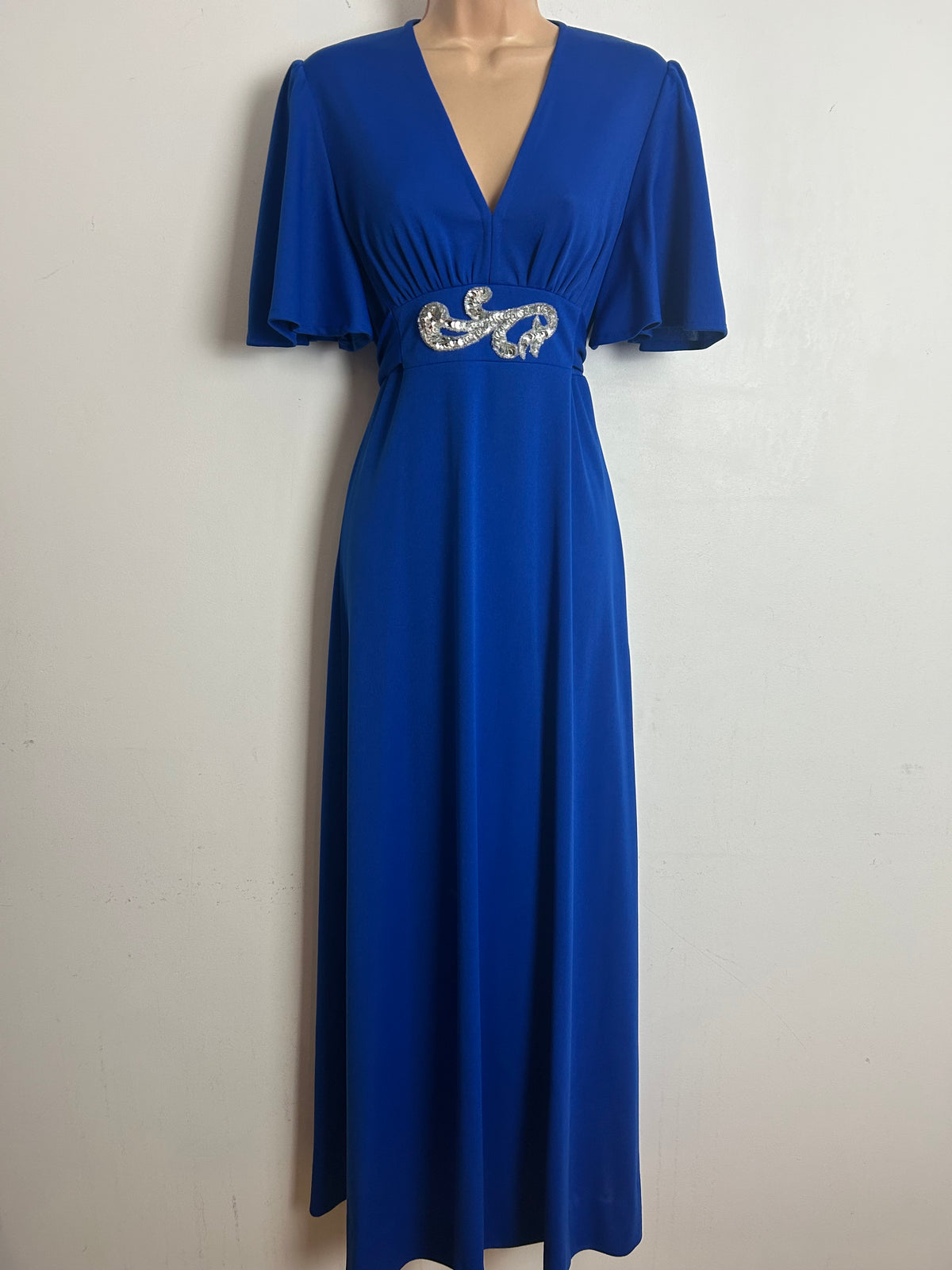 Vintage 1970s Size 8 Royal Blue Sequin Applique Detail Tie Back Occasion Maxi Dress