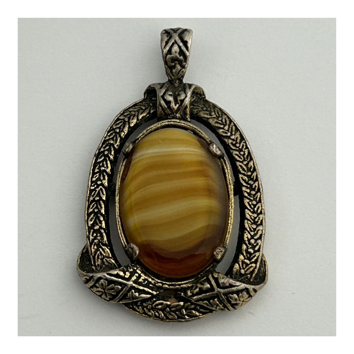 Vintage Silver Tone Base Metal MIRACLE Signed Banded Glass Stone Set Pendant