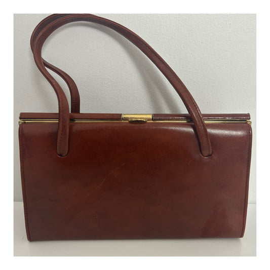 Vintage Early 1960s JONELLE Small Chestnut Brown Real Leather Kelly Style Handbag