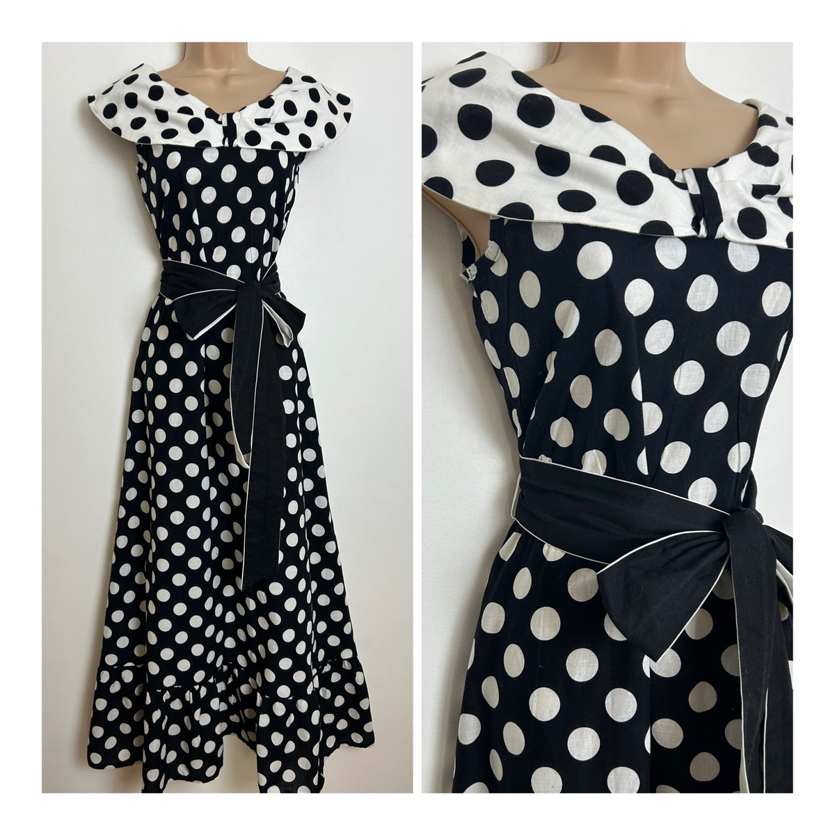 Vintage Early 1980s Size 8 Black & White Spot Print Bardot Style Belted Cotton Summer Maxi Dress