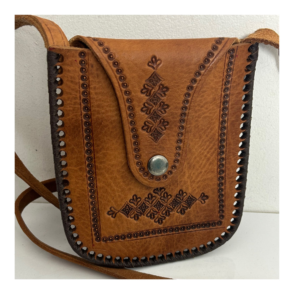 Vintage Small Tan Brown Tooled Leather Crossbody Mini Bag/Purse